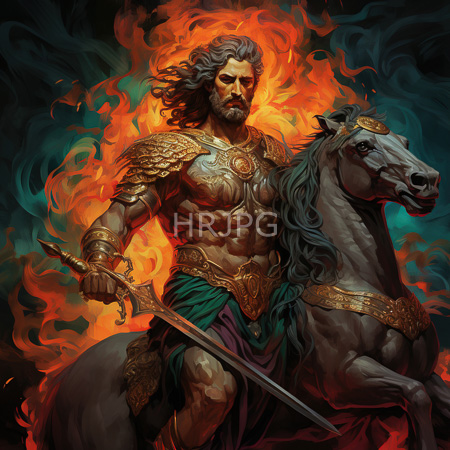 High Resolution: Muscular bearded man with a fiery orange and red aura surrounding his head wears ornate golden armor on a powerful gray horse holding a sword download. | HRJPG.com