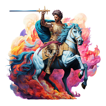 High Resolution: Armored bearded man with curly brown hair rides a rearing white horse amidst vibrant flames and smoke holding up his sword triumphantly download. | HRJPG.com