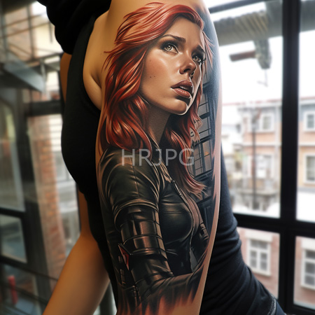 High Resolution: Arm tattoo features Jessica Jones from Marvel with red hair and a black leather suit with realistic shading against a blurred urban background download. | HRJPG.com