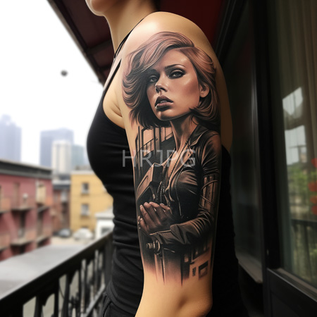 High Resolution: Arm tattoo features a realistic portrait of a serious-looking woman in black leather attire holding hands together against a blurred urban background download. | HRJPG.com