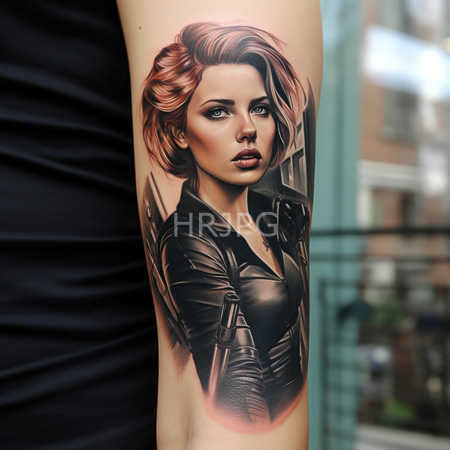 High Resolution: Intricately detailed realistic tattoo on human skin depicts a striking woman with short red-brown hair and intense green eyes wearing black leather clothing download. | HRJPG.com