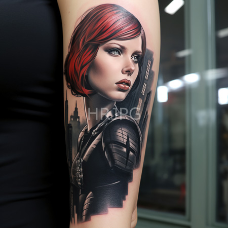 High Resolution: Arm tattoo features a realistic digitally-styled portrait of Scarlet Witch from Marvel Comics with a red bob haircut and black armored suit against a cityscape background download. | HRJPG.com