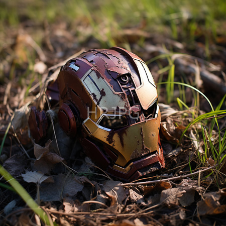 High Resolution: Aged rusted Iron Man helmet lying on dry leaves and grass in sunlight with yellow-gold armor heavily corroded and red-brown patches showing through download. | HRJPG.com