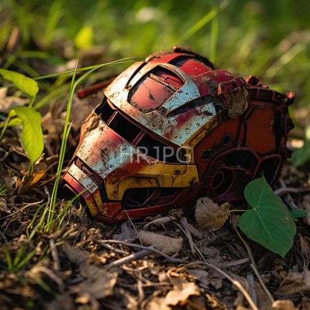 High Resolution: Old rusted toy robot with red and yellow paint peeling off its metal surface lying on dry leaves in a sunlight-dappled grassy ground download. | HRJPG.com