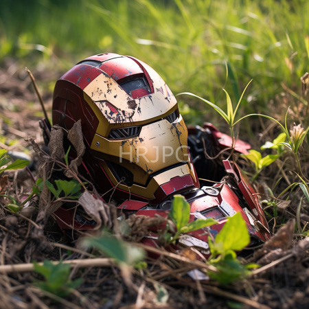 High Resolution: Aged rusted Iron Man helmet with red and gold armor lying on dry grass amidst small green plants in sunlight download. | HRJPG.com