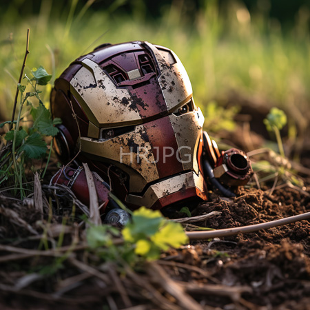 High Resolution: Aged rusted Iron Man helmet lying on dirt with green grass and small plants around it with sunlight casting warm tones over its weather-beaten surface download. | HRJPG.com