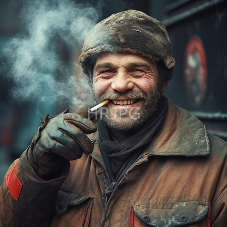 High Resolution: Older bearded man with light brown skin and wrinkles smiling while smoking wears a dirty olive-green military-style helmet and matching jacket download. | HRJPG.com