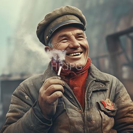 High Resolution: Elderly Caucasian man with wrinkled skin grinning widely while smoking wears a worn brown cap and jacket over a red turtleneck sweater with a Soviet emblem download. | HRJPG.com