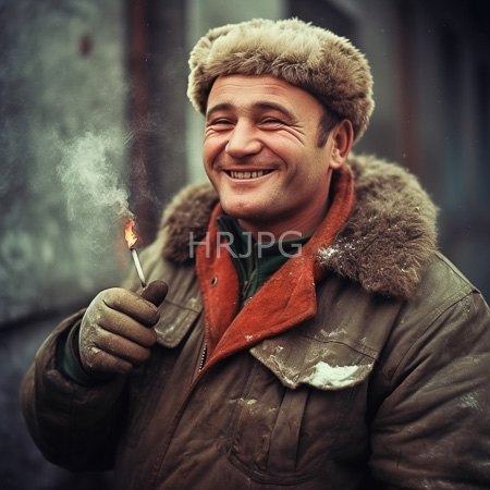 High Resolution: Smiling middle-aged Caucasian man with fair skin wears a fur hat and a green jacket with a furry collar and gloves holding a lit cigarette emitting smoke download. | HRJPG.com