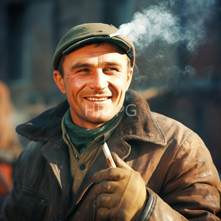 High Resolution: Smiling Caucasian man with light skin wears an olive green flat cap and a brown leather coat holding a lit cigarette emitting smoke in an urban setting download. | HRJPG.com