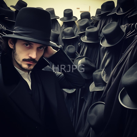 High Resolution: Olive-skinned man with dark hair beard and mustache wearing a black hat suit jacket and white shirt surrounded by numerous identical gray felt hats on racks download. | HRJPG.com