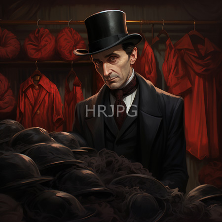 High Resolution: Older Caucasian man with pale skin and dark hair wears a black top hat suit jacket over a vest and a red tie standing in front of stacks of hats emitting smoke download. | HRJPG.com