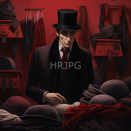 High Resolution: Intense pale-skinned man in Victorian attire a black top hat and suit selects hats from shelves filled with gray bowlers against deep-red walls download. | HRJPG.com