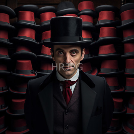 High Resolution: Older Caucasian man with fair skin and blue eyes wears a black top hat dark suit jacket over a brown vest standing in front of rows of stacked hats download. | HRJPG.com