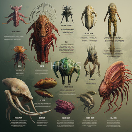 High Resolution: Twelve fantastical alien creatures with detailed textures and realistic shading arranged against an olive-green gradient background with each creature labeled download. | HRJPG.com