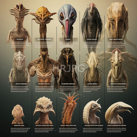 High Resolution: Twelve detailed realistic alien head portraits arranged in two rows against an abstract gradient background with each portrait labeled describing unique species characteristics download. | HRJPG.com