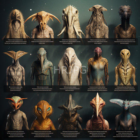 High Resolution: Twelve distinct fantasy alien species with varied head shapes and textures against an ethereal green-blue background dotted by small white stars download. | HRJPG.com