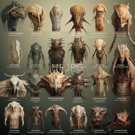 High Resolution: Twenty detailed fantasy-style monster heads arranged in three rows against an olive-green gradient background each uniquely textured and colored with horns scales or fur download. | HRJPG.com