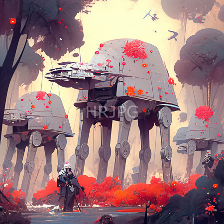 High Resolution: Armored figure standing in front of towering flower-adorned mecha structures with cylindrical legs amidst vibrant red foliage and a misty forest background download. | HRJPG.com