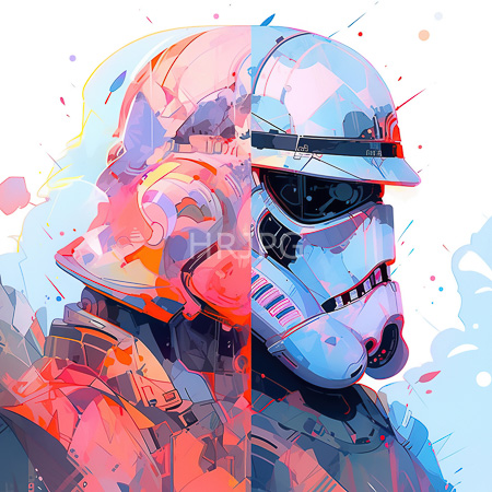 High Resolution: Abstract colorful depiction of Stormtrooper armor in shades of white and blue with vibrant reds oranges pinks splashing around it with geometric shapes overlaying the faceplate download. | HRJPG.com