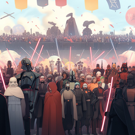 High Resolution: Diverse Star Wars characters including Jedi and Sith in various costumes holding glowing red lightsabers at an outdoor parade with colorful balloons floating above download. | HRJPG.com