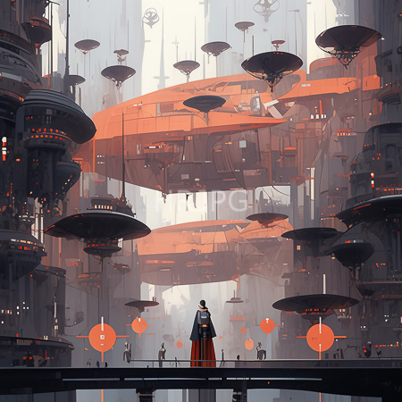 High Resolution: Futuristic cityscape with towering cylindrical buildings and floating orange saucer-like structures a lone figure stands on a bridge wearing traditional Japanese attire download. | HRJPG.com