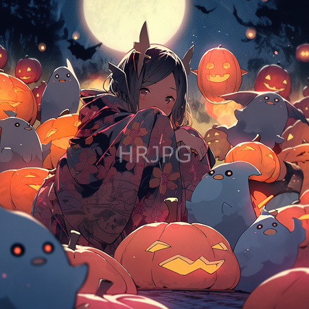 High Resolution: Anime-style elf-eared girl in a floral-patterned kimono sits among glowing jack-o'-lanterns and cute blue creatures under a full moonlight with bats flying above download. | HRJPG.com