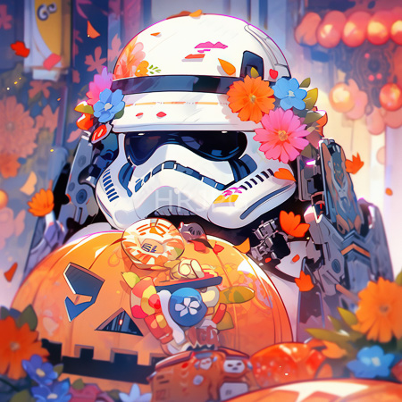 High Resolution: Armored Stormtrooper adorned with colorful flowers holds a decorated pumpkin resembling Day-of-the-Dead artistry surrounded by vibrant orange and pink petals download. | HRJPG.com