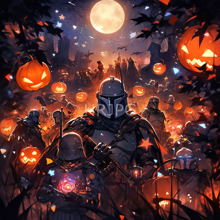High Resolution: Star Wars Stormtroopers in Halloween-themed attire surrounded by glowing jack-o'-lanterns and floating stars under a full moonlit sky with bats flying overhead download. | HRJPG.com