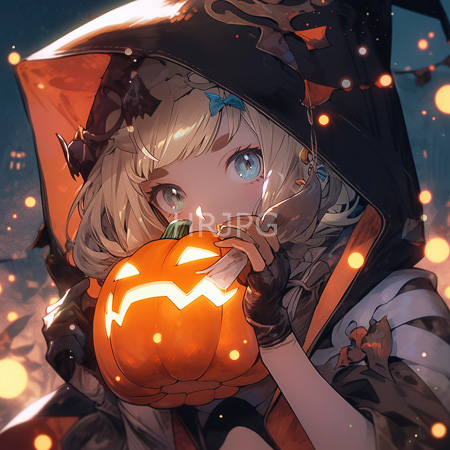High Resolution: Anime-style adorable blonde girl with large blue eyes wears black witch attire and holds a glowing jack-o'-lantern mask close to her face download. | HRJPG.com