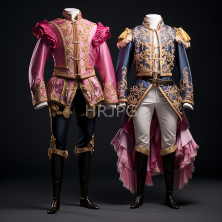High Resolution: Two mannequins displaying elaborate historical-style military uniforms one pink with gold embroidery and the other dark with gold accents download. | HRJPG.com