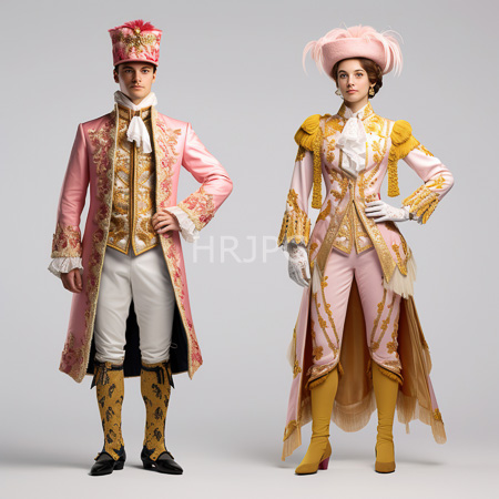 High Resolution: Two aristocratic individuals in elaborate pastel-colored Rococo-style attire against a plain gray background one man in pink and gold embroidered coat download. | HRJPG.com