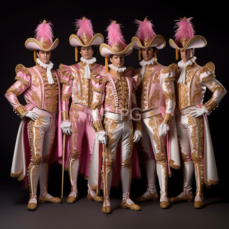High Resolution: Six men in elaborate pink and white baroque-style military uniforms with gold embroidery and tall feathered hats adorned by bright pink plumes download. | HRJPG.com