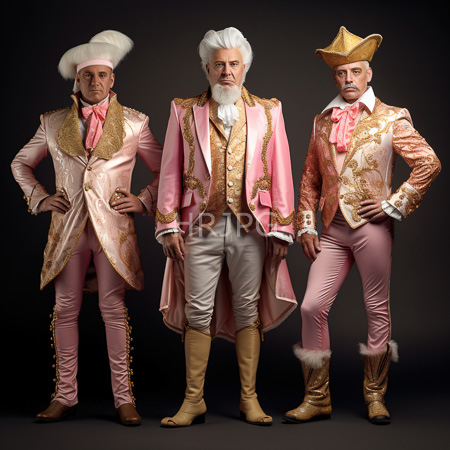 High Resolution: Three elderly white men in elaborate pink and gold Rococo-style costumes with tall wigs one wears an oversized hat the center man has a gray beard download. | HRJPG.com