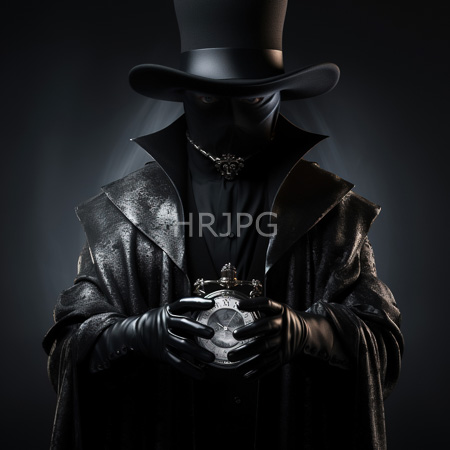 High Resolution: Enigmatic figure in dark Victorian-style attire with black leather gloves and top hat face obscured by a mask-like fabric revealing only eyes adorned with jewelry download. | HRJPG.com