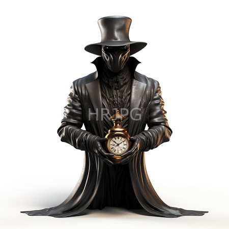 High Resolution: Photorealistic enigmatic figure in black wears a top hat and long coat with face obscured by intricate mask-like markings holding a vintage brass pocket watch download. | HRJPG.com