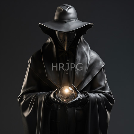 High Resolution: Photorealistic enigmatic figure in black leather-like robes and a wide-brimmed hat with face obscured holding a glowing orb centered against a dark gradient background download. | HRJPG.com