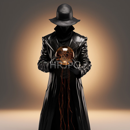 High Resolution: Anonymous figure in a black leather coat and hat holding a glowing golden orb with dark tendrils extending from it against a dark gray background download. | HRJPG.com