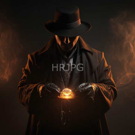 High Resolution: Anonymous figure in dark vintage attire a black fedora hat and overcoat holding a glowing orb emitting orange smoke against a black background download. | HRJPG.com