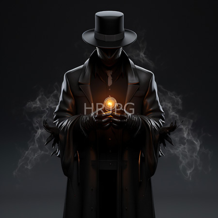 High Resolution: Anonymous shadowy figure in a black top hat and long coat holding a glowing orb with smoke swirling around their hands against a dark background download. | HRJPG.com