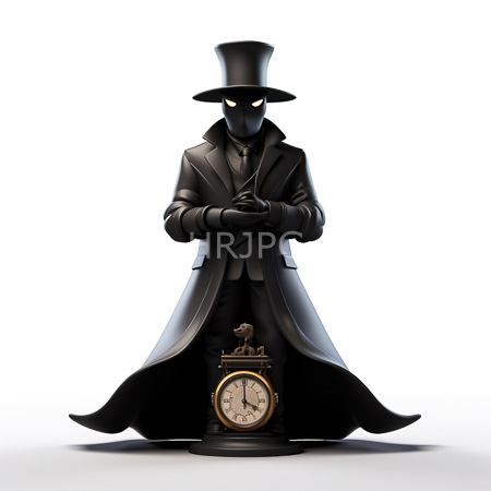 High Resolution: Enigmatic black-clad figure with glowing yellow eyes and no visible face wearing a tall top hat and long coat stands before an ornate clock showing midnight download. | HRJPG.com