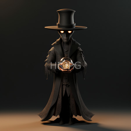 High Resolution: Eerie dark figure in Victorian attire with glowing orange eyes and a black top hat holds a mysterious orb emitting light with a long coat download. | HRJPG.com