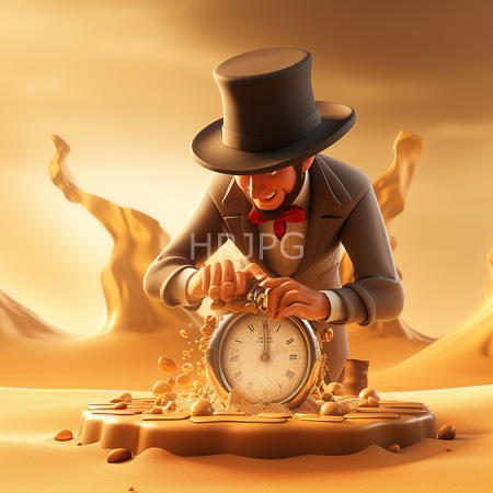 High Resolution: Animated brown-skinned man in Victorian attire a black top hat and red scarf bends over to wind up a large silver clock on sand dunes download. | HRJPG.com