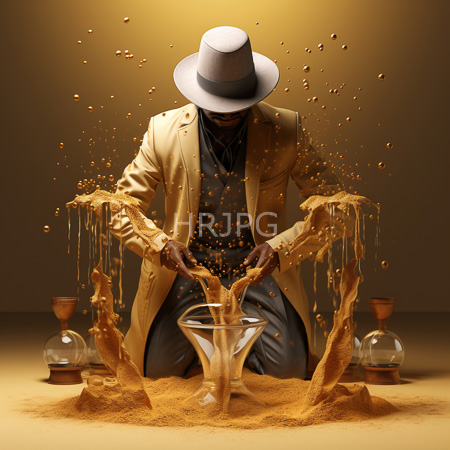 High Resolution: African man in a beige suit white hat and dark shirt pours golden spice from two glass containers into another container on a yellow-toned table download. | HRJPG.com
