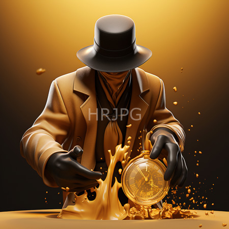 High Resolution: Anonymous figure in a brown suit black gloves and hat pouring golden liquid from a pocket watch onto a table with dynamic splashes download. | HRJPG.com