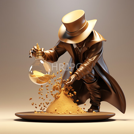 High Resolution: Anthropomorphic figure in dark shiny brown clothing and a wide-brimmed hat pours golden powder from a glass vial onto a cone-shaped mound on a wooden plate download. | HRJPG.com