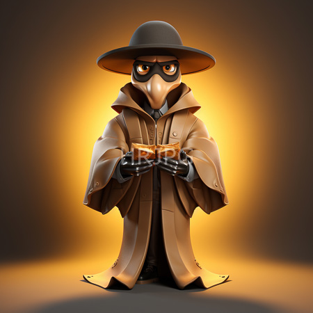 High Resolution: Anthropomorphic bird character with brown feathers wears a wide-brimmed hat and a tan trench coat holding two small objects resembling scrolls or papers download. | HRJPG.com