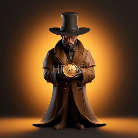 High Resolution: Elderly bearded man with intense eyes wears a tall black top hat and a brown Victorian-style coat holding a glowing golden pocket watch download. | HRJPG.com
