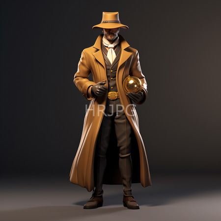 High Resolution: Photorealistic elderly man in vintage detective attire standing against a dark background wears a tan long coat and holds a golden pocket watch at chest level download. | HRJPG.com
