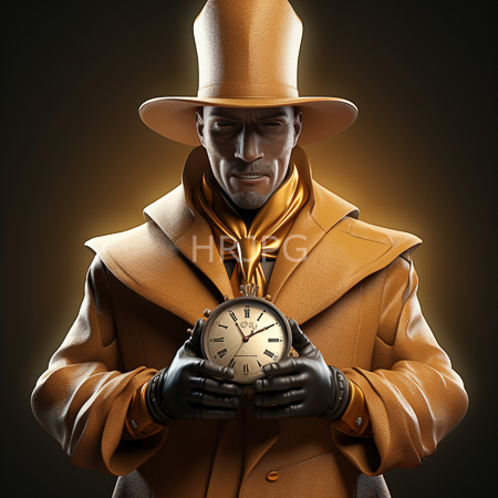 High Resolution: Photorealistic older white man with gray hair and mustache wears a tall brown top hat and coat holding an antique clock with a solemn expression download. | HRJPG.com